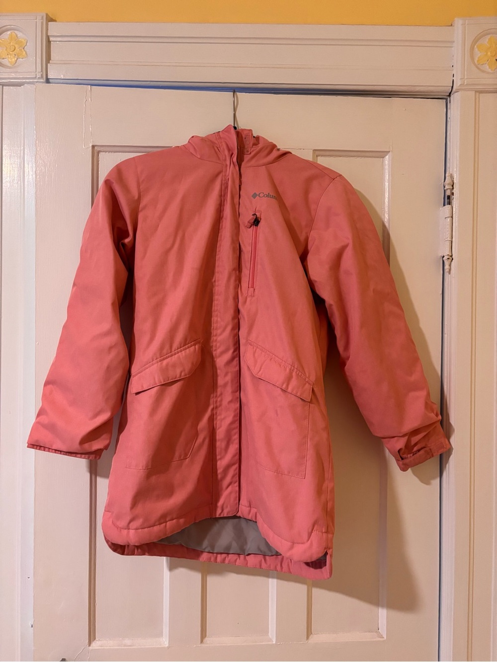 Columbia Girls Long Hooded Down Jacket Omniheat Reflective Pink No Fur On Hood